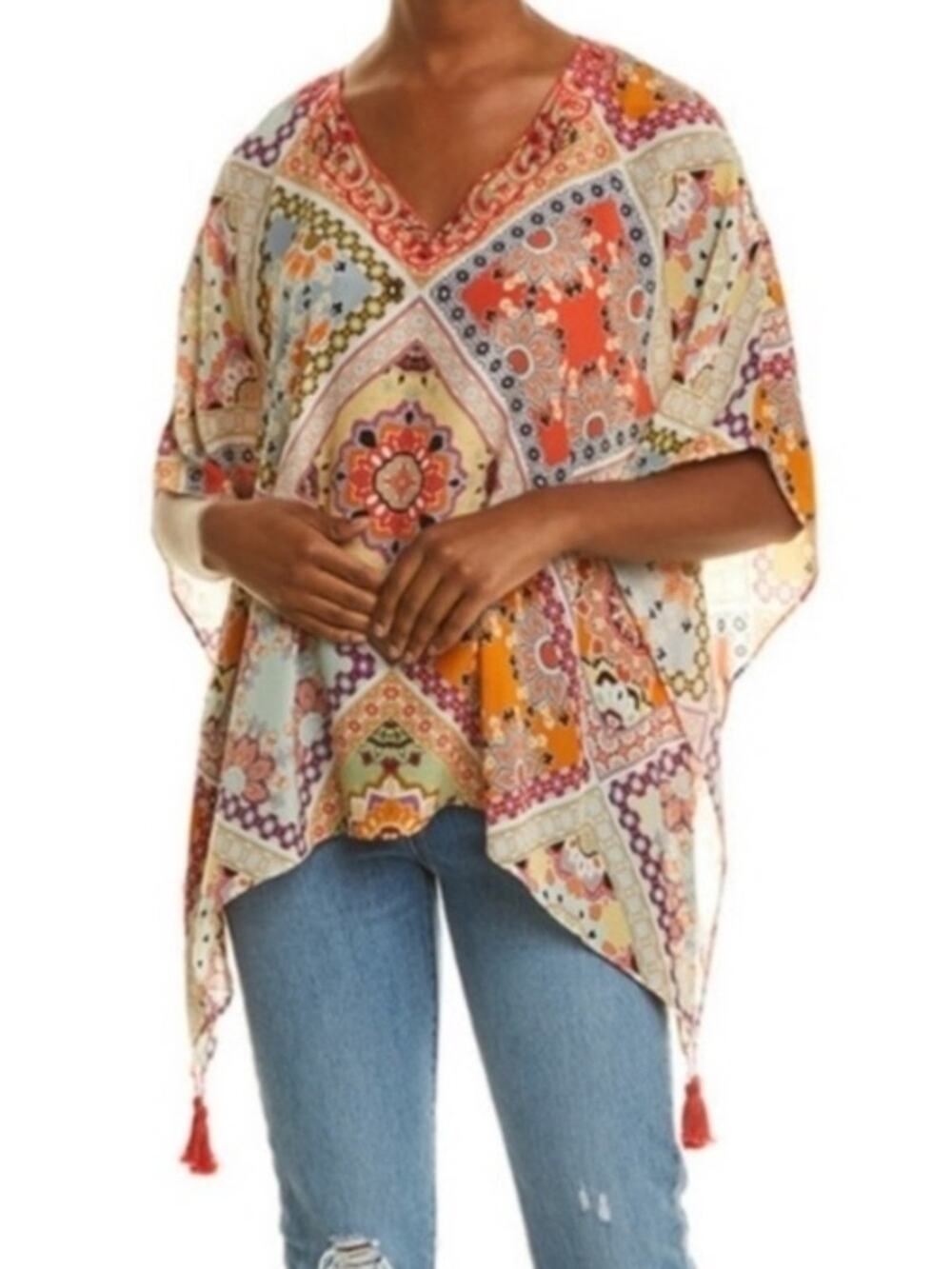 Johnny Was Jade Silk Boho Printed V-Neck Poncho Top Patchwork Blouse small
